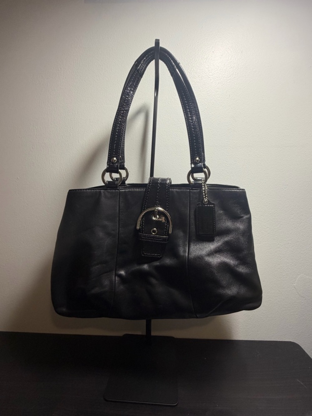 Coach SoHo Black Leather Shoulder Tote Bag with Buckle Accent